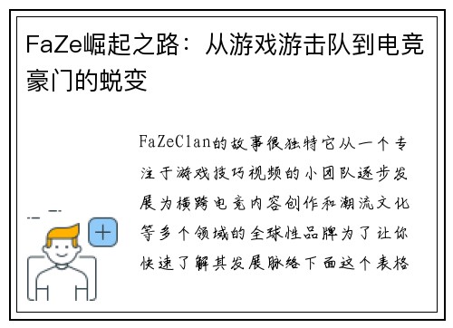 FaZe崛起之路：从游戏游击队到电竞豪门的蜕变