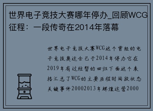 世界电子竞技大赛哪年停办_回顾WCG征程：一段传奇在2014年落幕